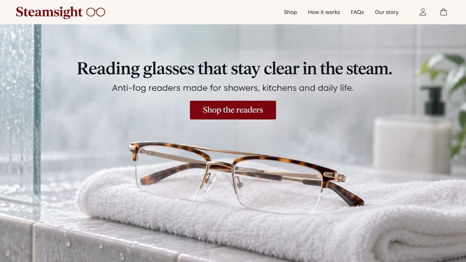Landing page website design, eyewear product in the setting it's made for: misty bathroom photo, tortoiseshell reading glasses on a folded white towel, a centered black serif headline and a burgundy shop button