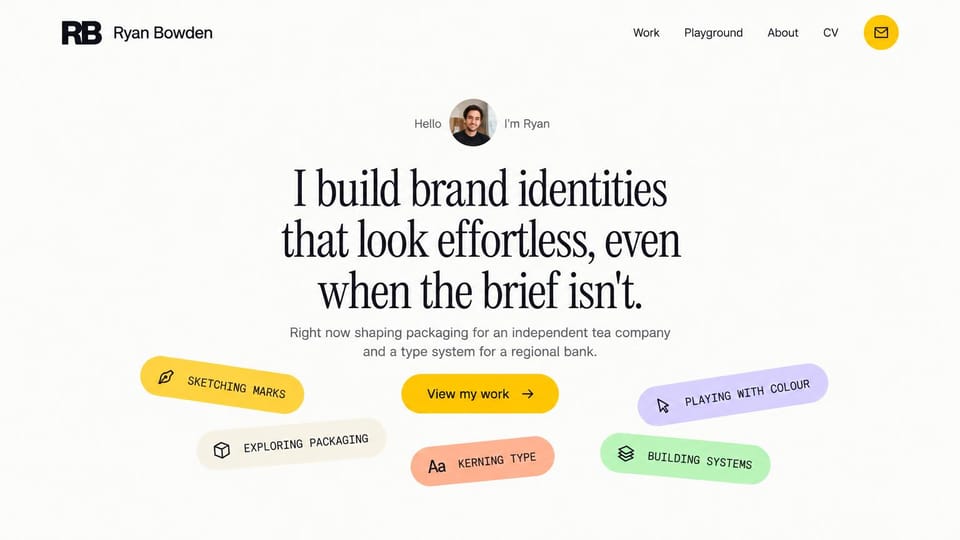 Portfolio website design, brand identity designer with playful skill tags: white page, a small circular portrait above a large serif headline, scattered pill tags in yellow, lavender, coral and green