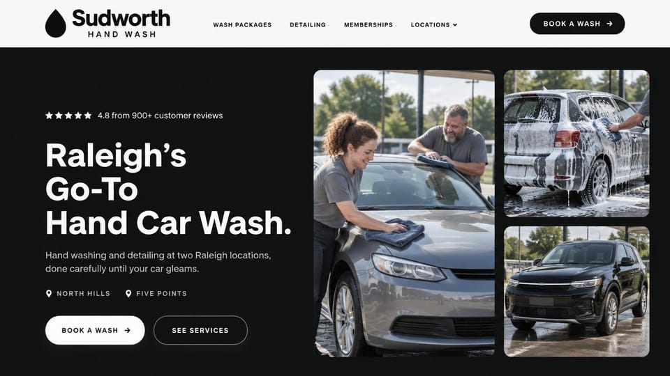 Car detailing website design, hand car wash with two locations and a photo collage: white header, a charcoal hero with a bold white headline, white and outlined buttons, a collage of two workers hand-washing a silver car, a foamy SUV and a clean black SUV