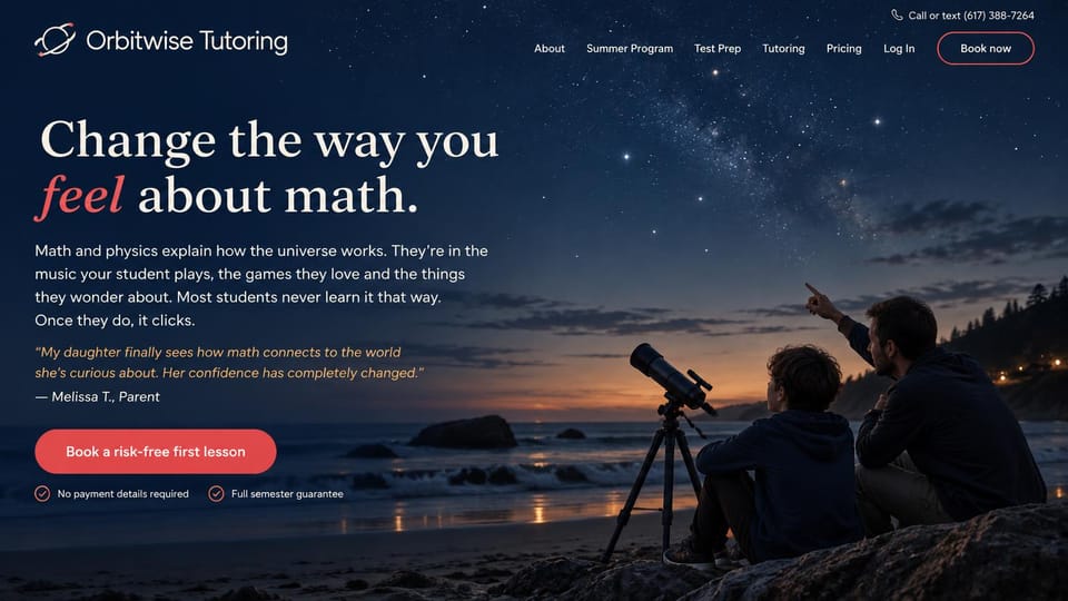 Tutoring website design, math tutor under a night sky: night sky over a beach with a parent and child at a telescope, white serif headline with a coral italic word, a gold quote, coral button