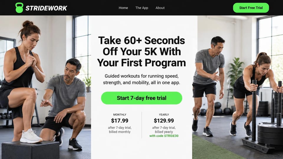 Personal trainer website design, running program app with a trial and prices up front: black menu bar, a white center panel with a bold black headline, a bright green trial button and monthly and yearly prices, gym photos of coaches and athletes on both sides