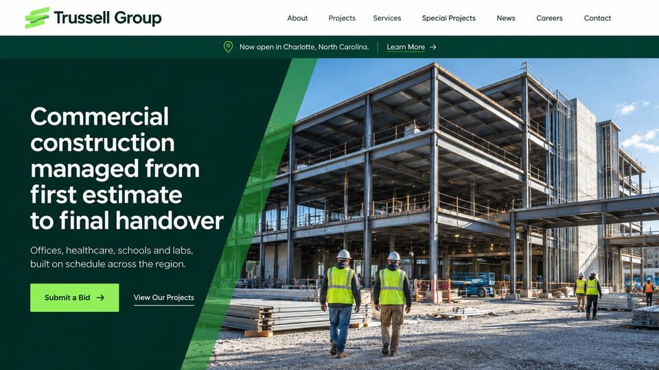 Construction website design, commercial construction manager with a new office banner: white menu, a dark green panel with a white headline beside a steel frame site with workers in vests, a lime green button and a thin location banner