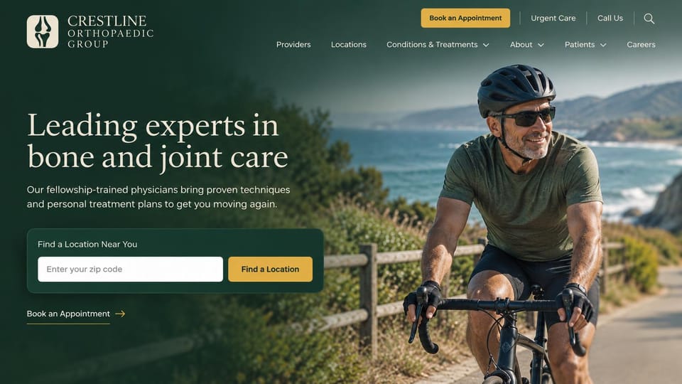 Medical practice website design, orthopedic group with a location finder: dark green over a cyclist on a coastal road, a cream serif headline and a gold zip code search