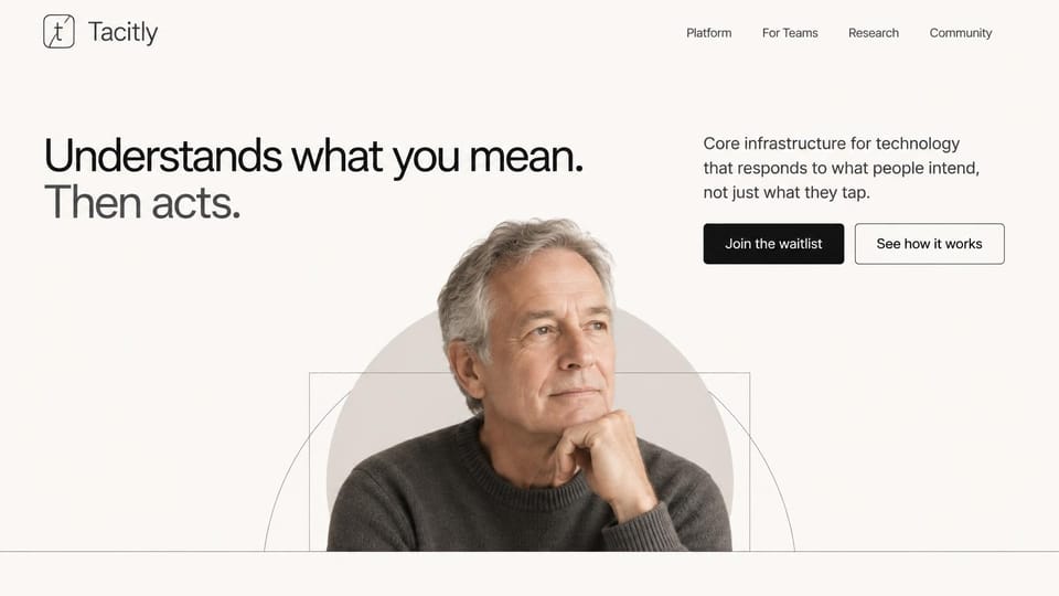 Coming soon website design, tech platform waitlist with a portrait in a circle: warm off-white page, large black and gray headline, black waitlist and outlined buttons, an older man resting his chin on his hand inside a gray circle with thin line frames