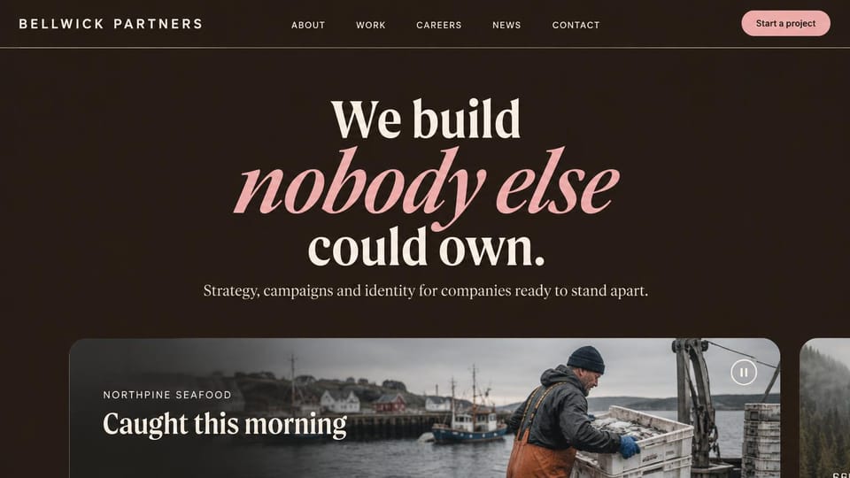 Agency website design, brand agency with a featured campaign: dark brown page, a cream and pink italic serif headline and a video card of a fishing harbor