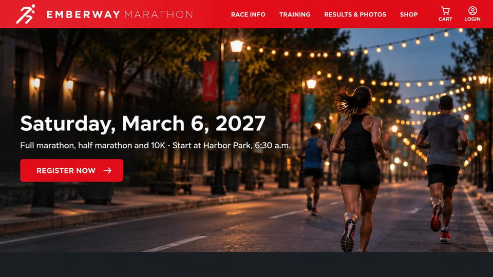 Event website design, marathon under string lights before sunrise: red header with a runner logo, dawn photo of runners on a street lined with string lights and banners, white date headline, red register button