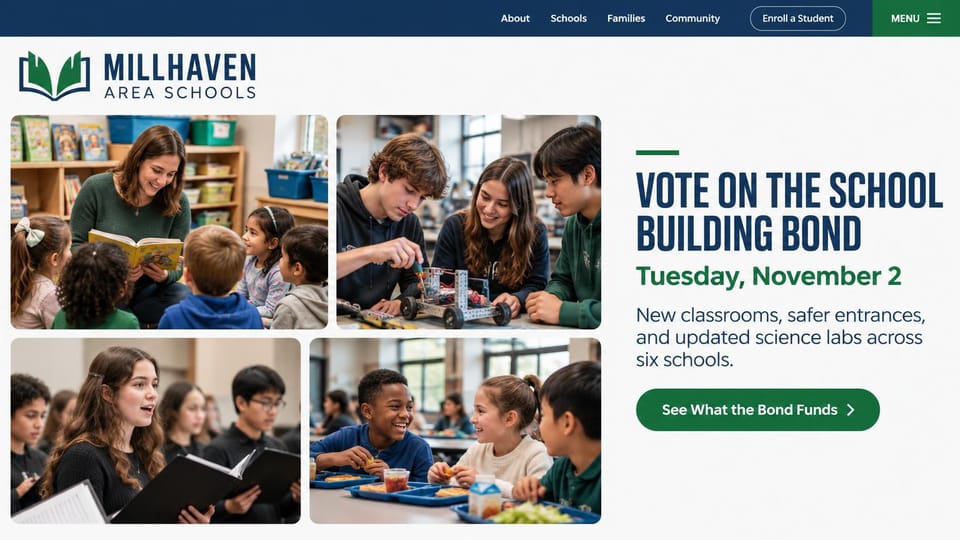 School website design, school district with a bond vote in big condensed type: white page, a grid of four classroom photos, a heavy navy condensed headline, a green date line and a green button