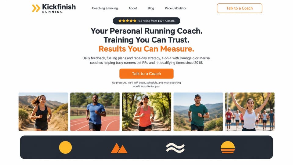 Personal trainer website design, one-to-one running coaching with a row of runner photos: white page, a centered navy and orange headline, a rating pill, an orange talk to a coach button, a row of five photos of runners on trails and tracks, a dark rounded strip of simple icons