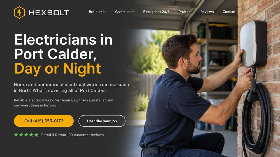 Electrician website design, day-or-night electrician with an EV charger install: dark charcoal panel with a white and amber headline, an amber call button and an outlined button, an electrician mounting an EV charger on a brick garage wall