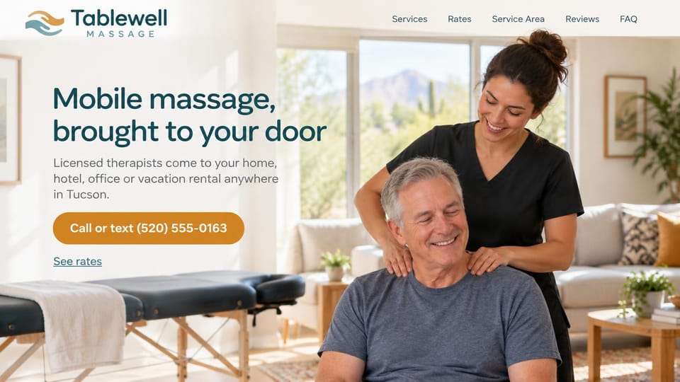 Massage therapist website design, mobile massage for homes, hotels and rentals: bright page, a teal headline, an amber call button and a therapist massaging a seated man's shoulders, a portable table nearby