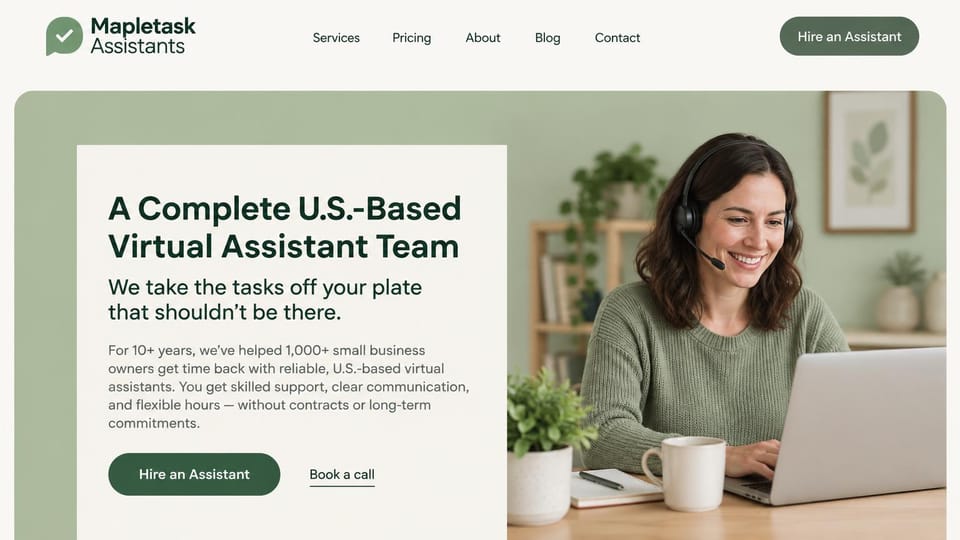Virtual assistant website design, vA team with a headset at the desk: cream page with a sage green panel, a dark green headline on an off-white card beside a smiling assistant in a headset at a laptop