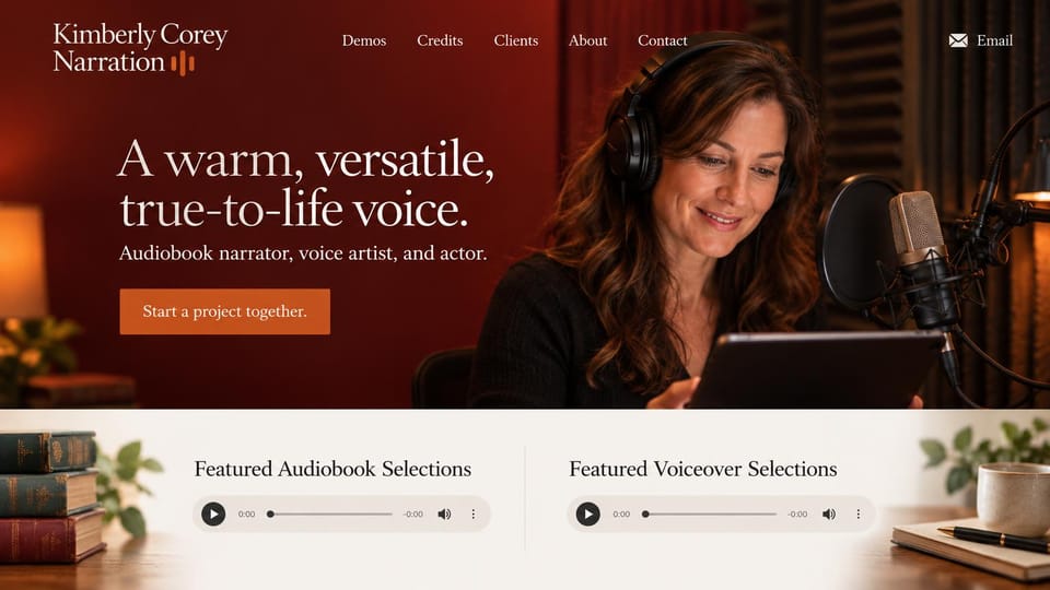 Actor website design, audiobook and voiceover narrator in burgundy: deep burgundy hero with a woman in headphones reading a tablet at a microphone, a cream serif headline, an orange button, a cream band with two audio players