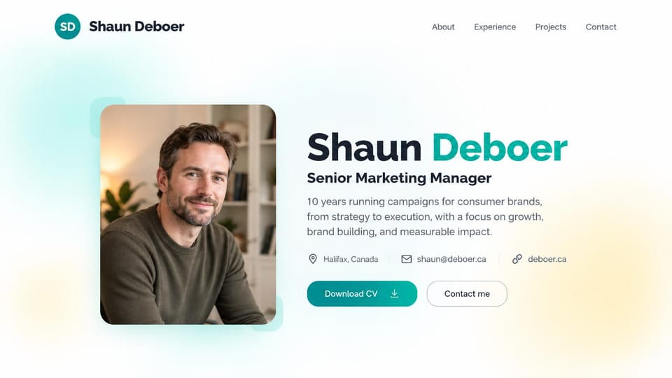 Resume website design, marketing manager with a portrait card on soft glows: white page with soft teal and yellow glows, a portrait of a smiling man in an olive sweater, a black and teal name, a teal download CV button and an outlined contact button