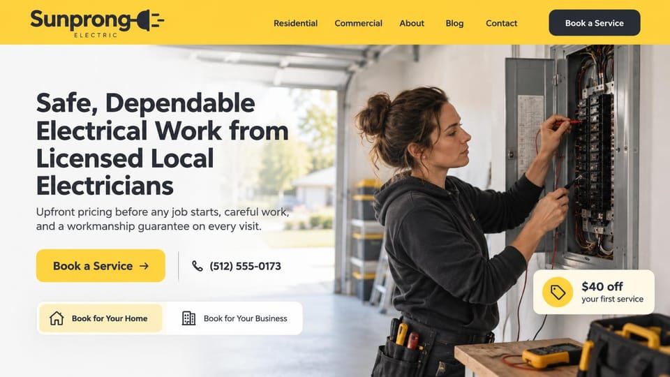 Electrician website design, local electrician with a home or business switch: yellow header, a white page with a dark headline and a yellow button, a woman electrician in a dark hoodie testing a breaker panel in a garage