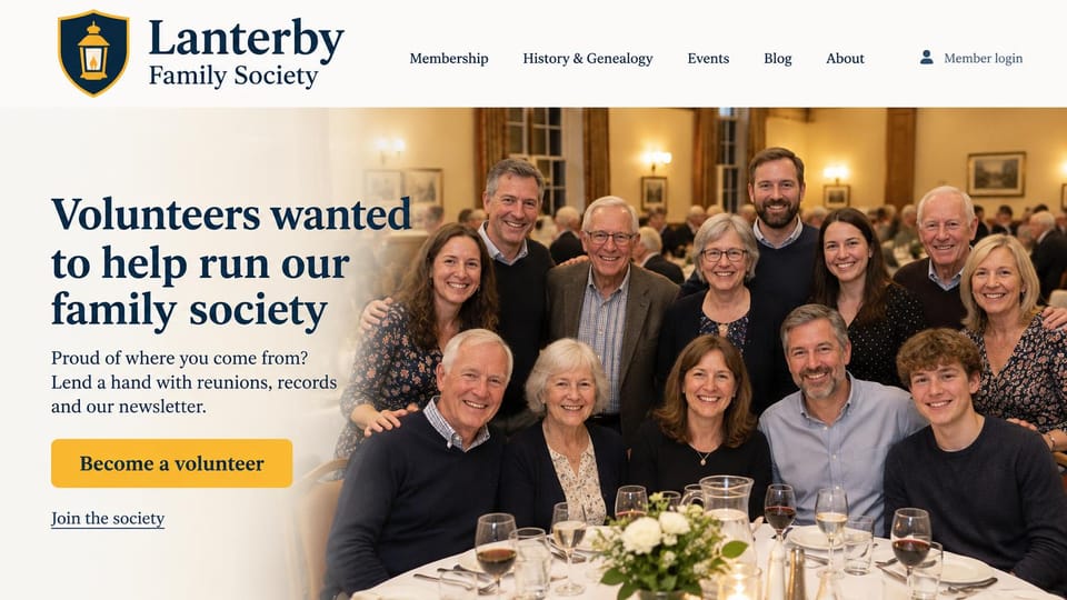 Genealogy website design, family society recruiting volunteers: white header with a navy and gold shield logo, navy headline, a gold volunteer button, a photo of smiling members around a dinner table