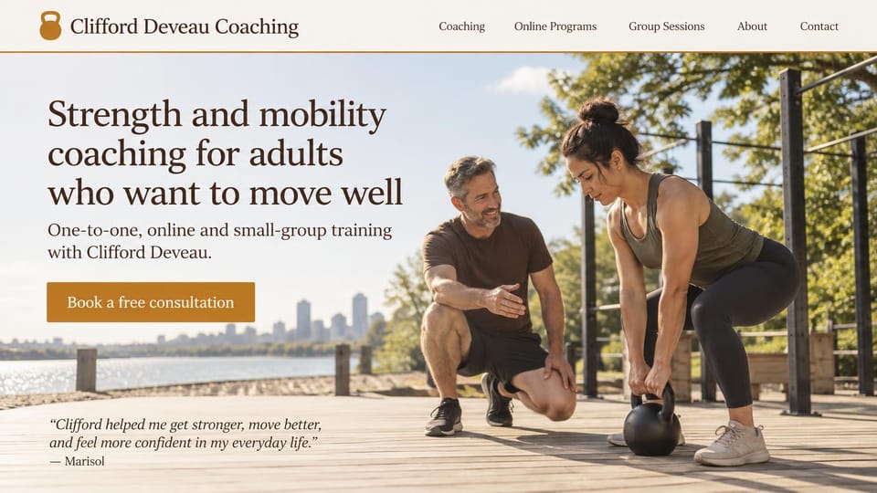 Personal trainer website design, strength and mobility coaching on a waterfront deck: cream menu bar, an outdoor deck by the water with a city skyline, a dark serif headline, a gold button, a gray-haired coach kneeling beside a woman's kettlebell deadlift