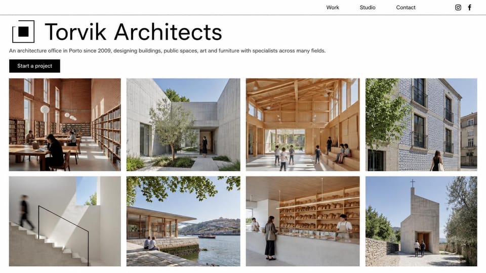 Architecture website design, varied practice with a grid of eight projects: white page, a large black wordmark and black button above a grid of eight photos, from a library and a chapel to a bakery