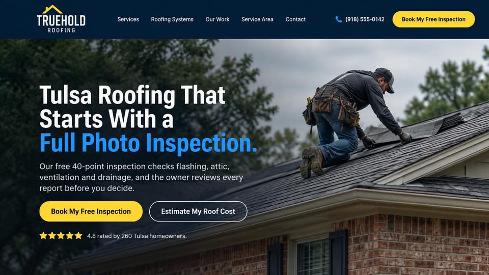 Contractor website design, roofing that leads with a free inspection: navy overlay on a roofer at work, a bold condensed headline in white and blue and yellow buttons