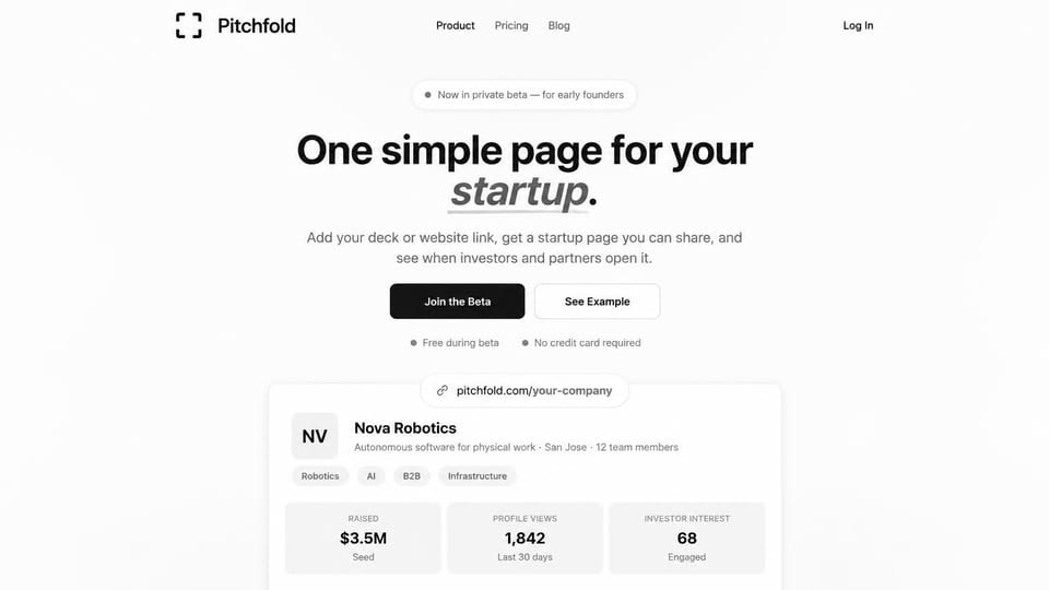 SaaS website design, founder tool with a sample profile: white page, black headline with an underlined italic word, a black beta button and a company profile card