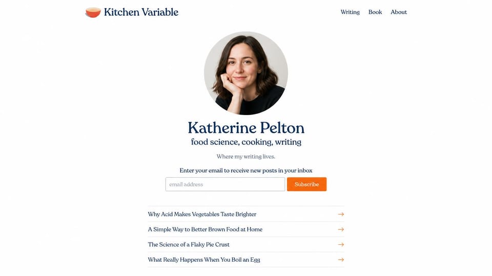 Writer website design, food and science writer with a newsletter: white page, a centered round portrait above a navy serif name, an email field with an orange subscribe button and a list of article links