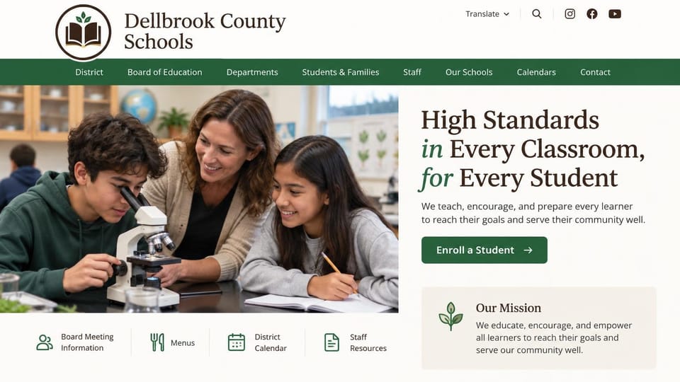 School website design, county schools with a mission card beside the headline: white header with a green menu bar, a teacher and students at a microscope, a dark brown serif headline with green italics, a mission card