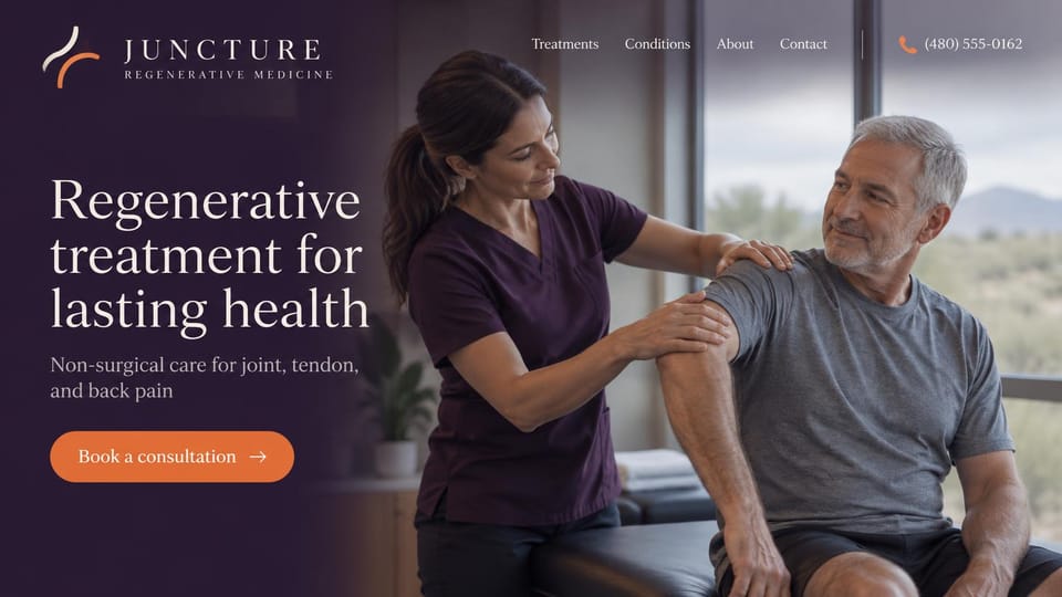 Medical practice website design, regenerative medicine for joint pain: dark plum fade with a cream serif headline and orange button over a clinician checking an older man's shoulder by a window