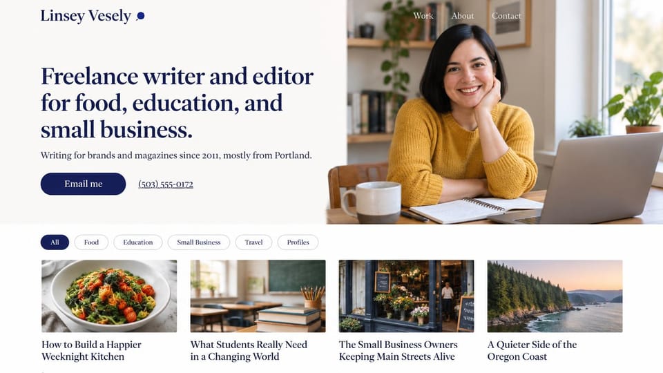 Writer website design, freelance writer and editor with topic filters: off-white page, a navy serif headline and email button, a smiling woman at a laptop and four article cards under topic tabs