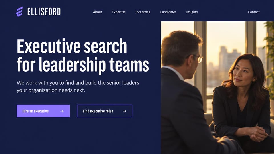 Recruiting website design, executive search in navy and violet: navy page, a white condensed headline, a violet and an outlined arrow button and two executives talking by a sunlit window