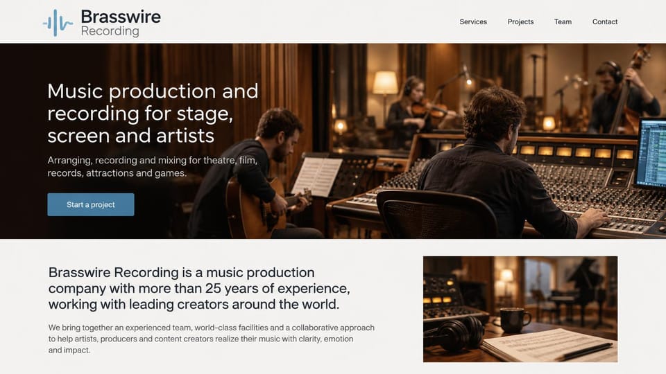 Recording studio website design, music production company for stage and screen: light gray header with a blue waveform logo, a warm photo of a guitarist, string players and an engineer at a console under a white headline, a steel blue project button and a light intro band