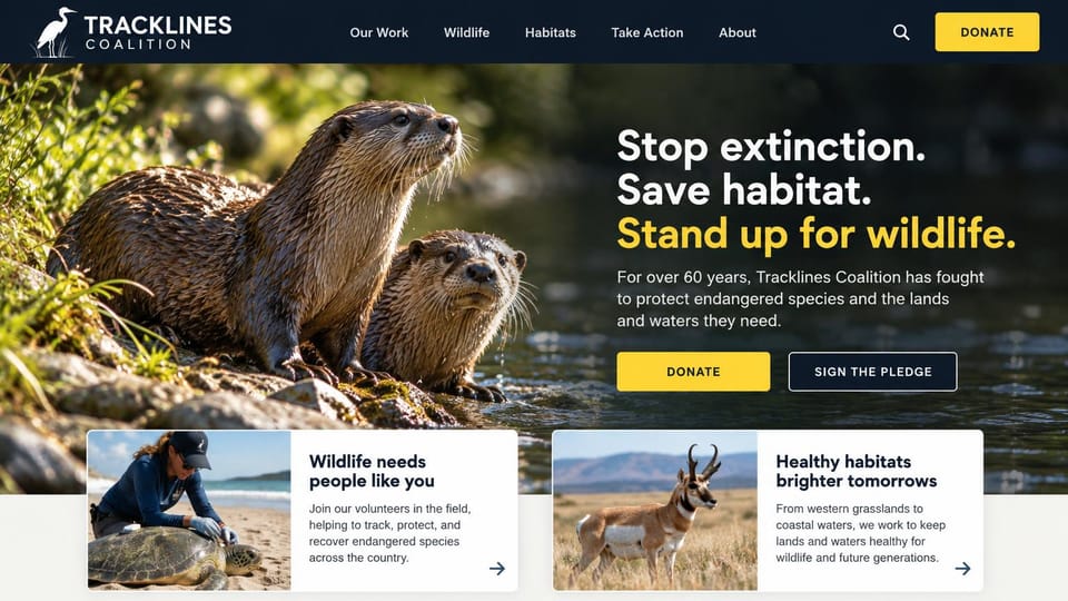 Nonprofit website design, wildlife coalition with two ways to act: two otters on a riverbank, white and yellow headline, a yellow donate button and two story cards
