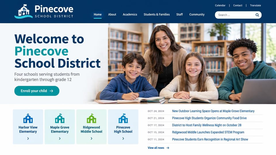 School website design, school district with school tiles and a news list: navy header, a navy and teal welcome headline, a teal button, a library photo of a teacher and students, school tiles and a news list