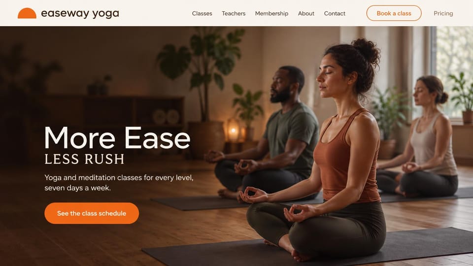 Fitness website design, yoga and meditation, seven days a week: warm wood tones, a mixed group meditating cross-legged, white headline and orange button