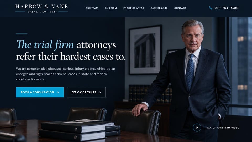 Law firm website design, trial firm with a senior partner portrait: navy and bright blue, a senior partner standing in a dark office beside the headline