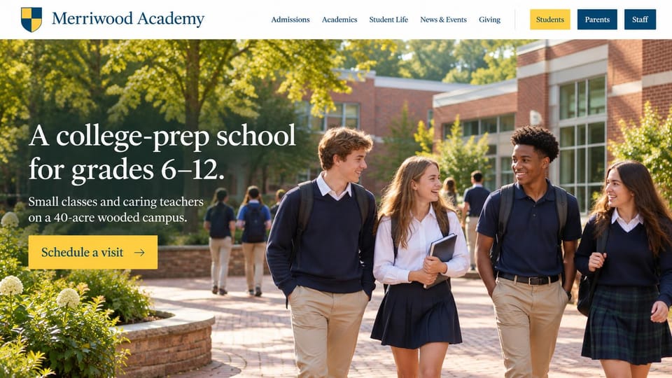 School website design, college prep for grades 6 to 12 on a sunny campus: sunlit photo of uniformed students walking on a brick path, a white serif headline, a yellow visit button, three small audience buttons