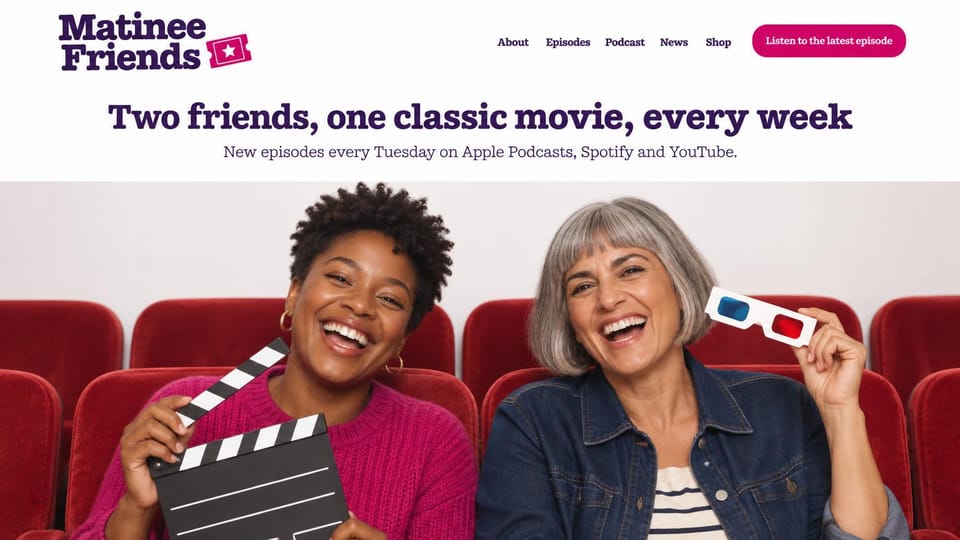 Podcast website design, movie show with two co-hosts: white header with a deep purple headline, two women in red theater seats with a clapperboard