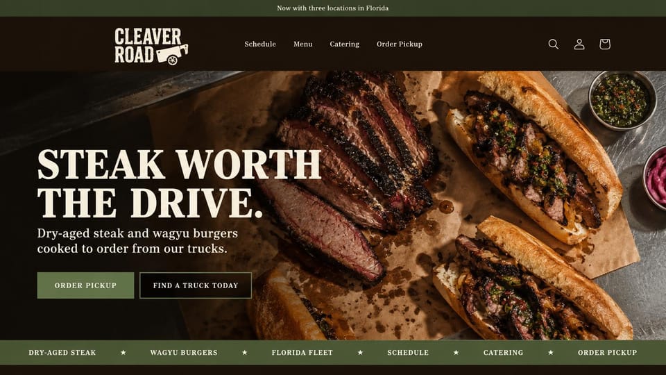 Restaurant website design, food truck with a find-the-truck button: dark brown and olive, steak and sandwiches under bold cream capitals and a strip of links