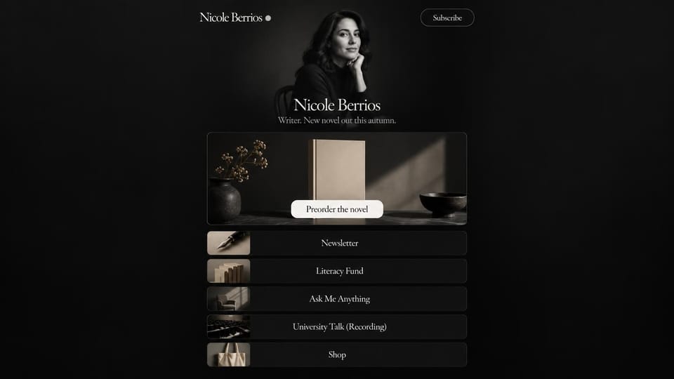 Author website design, writer link page, dark and quiet: black page, a black and white portrait, a beige book photo and thumbnail link rows