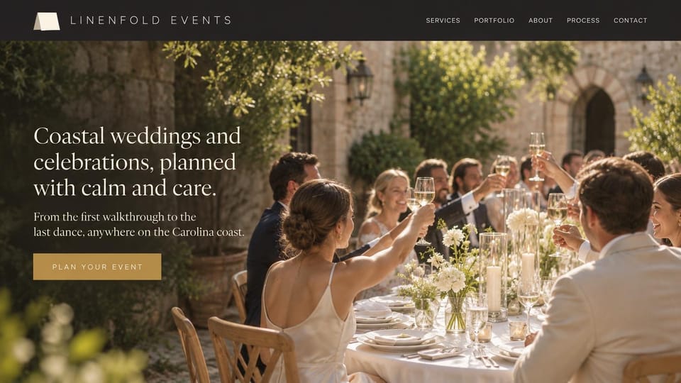 Event planner website design, coastal weddings and celebrations in a sunlit courtyard: charcoal header, sunlit stone courtyard with guests raising glasses at a long table, cream serif headline, gold button