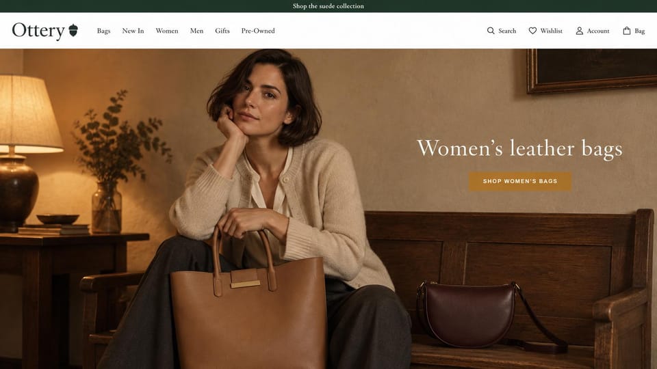 Fashion website design, leather bags with a pre-owned section: dark green top bar, a woman in a cream cardigan on a wooden bench in a lamp-lit room with tan and burgundy leather bags, a white serif headline and an ochre button