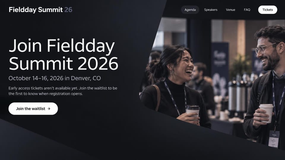 Coming soon website design, conference waitlist before tickets open: dark charcoal page with a diagonal photo of attendees laughing over coffee, white headline and a white waitlist button