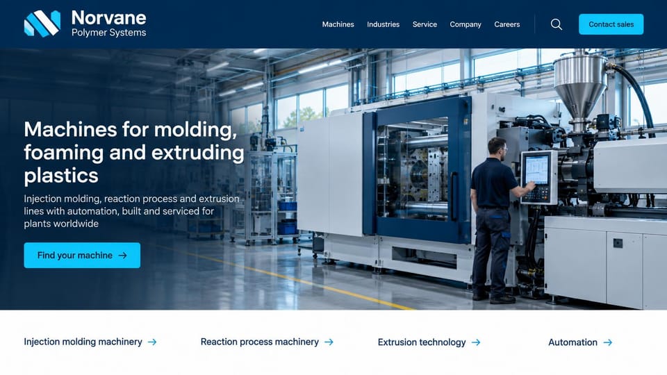 Manufacturing website design, plastics machinery with a product line row: navy header, a photo of an operator at a large blue and gray molding machine in a bright plant, a white headline, a cyan button and a white row of four links