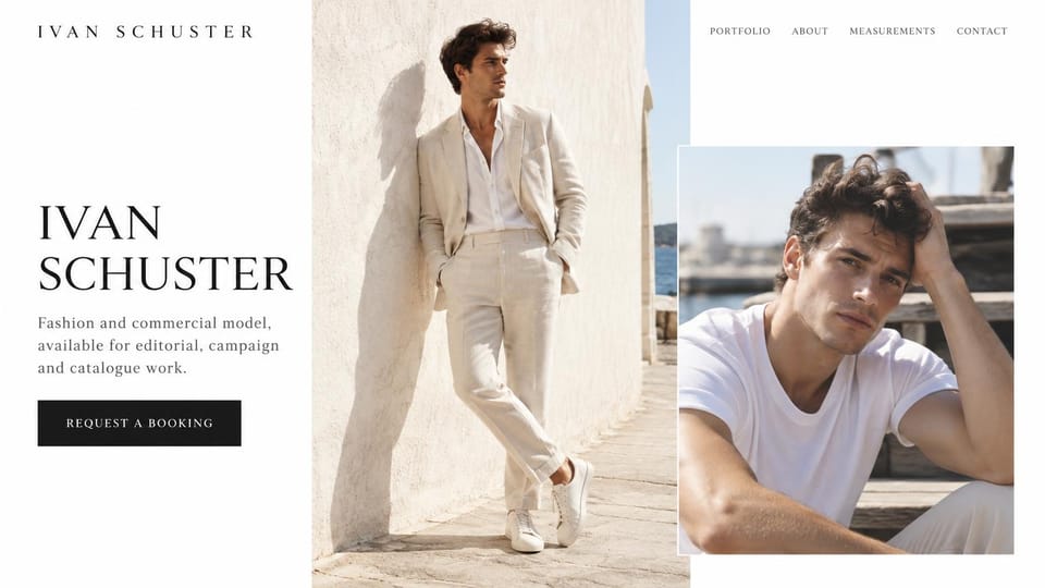 Model portfolio website design, male catalog model in sunlit linen: white page, a large black serif name in capitals, a black booking button, a man in a cream linen suit against a sunlit white wall and a close-up in a white tee