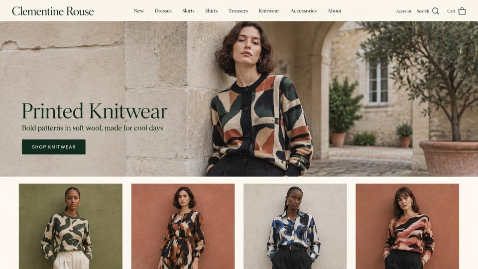 Business website design, printed knitwear with a row of looks below: cream page, a stone courtyard photo of a woman in a bold printed cardigan, a dark green serif headline and button, four models in prints on green, terracotta and stone walls below
