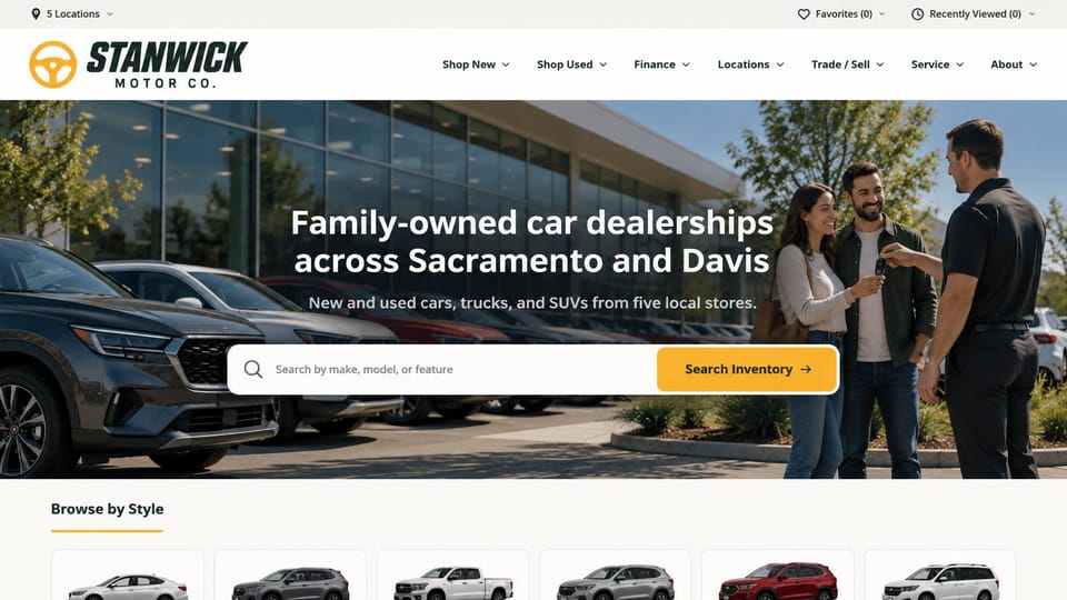 Landing page website design, family-owned dealer group with a central search: white header, a couple receiving keys outside a dealership, centered white headline, yellow search button and car style cards below