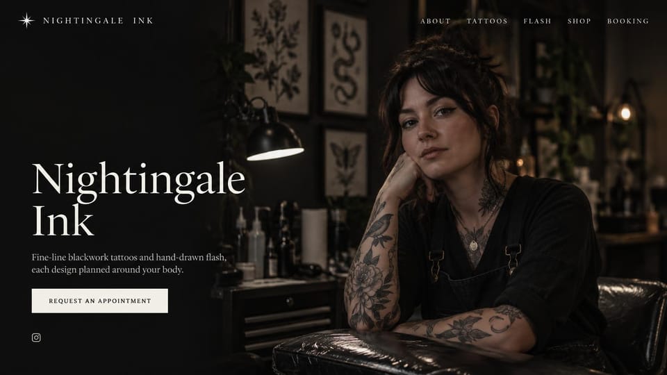 Tattoo website design, solo artist with her portrait beside the studio name: dark studio, a tattooed woman resting her chin on her hand beside a lamp, a large white serif studio name, an outlined request button