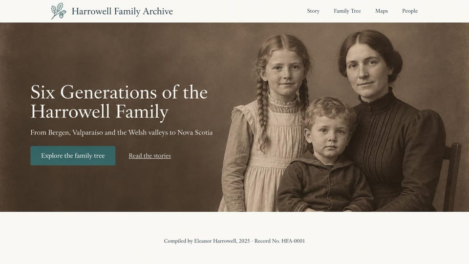 Genealogy website design, family archive behind a sepia portrait: sepia full-width portrait of a mother with a girl and a small boy, white serif headline, a teal tree button and an underlined stories link