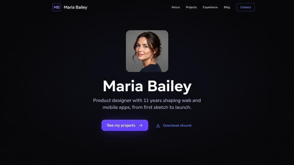 Personal website design, product designer with a resume download: dark page, a centered portrait above a large white name and a purple-blue projects button