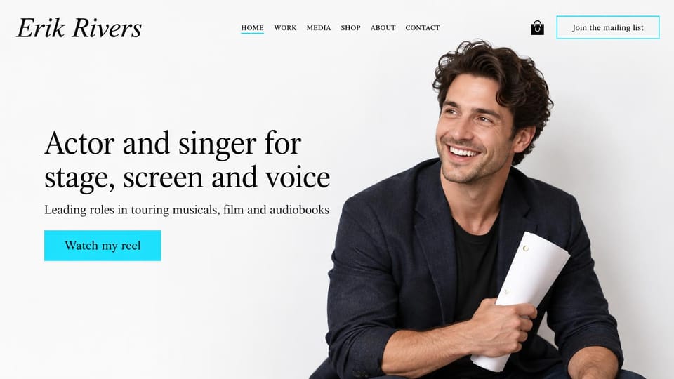 Actor website design, musical theater actor with a script in hand: white page, a large black serif headline, a cyan button and a smiling man in a dark blazer holding a rolled script