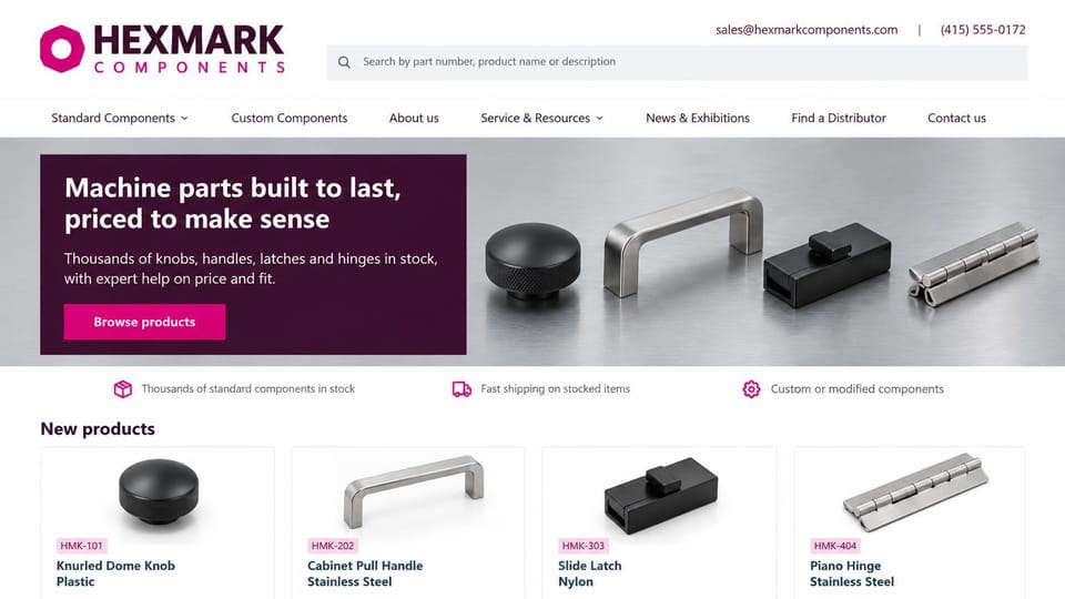 Manufacturing website design, machine components catalog with part search: white page, a magenta and plum logo, a search bar, a plum panel with a white headline beside a knob, handle, latch and hinge, product cards below