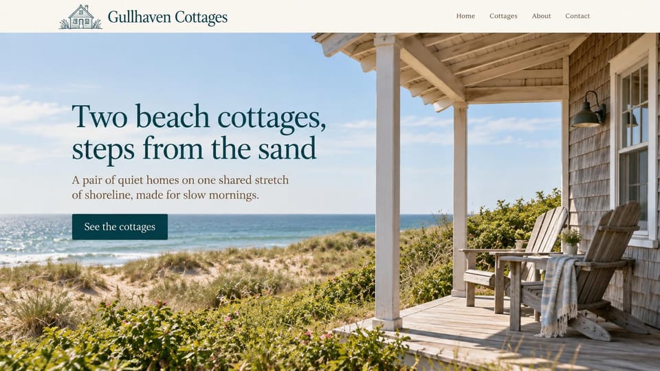 Hotel website design, two beach cottages on one page: a shingled cottage porch with Adirondack chairs and dunes, a dark teal serif headline and button